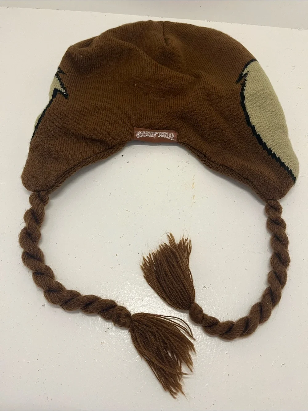 Vintage Looney Tunes Taz Trapper Hat Ear Flaps Braided Tassels Brown One Size